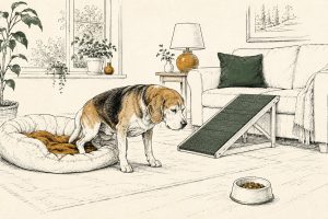 Oudere beagle staat stijf op uit zijn mand in het ochtendlicht, een loopplankje naar de bank