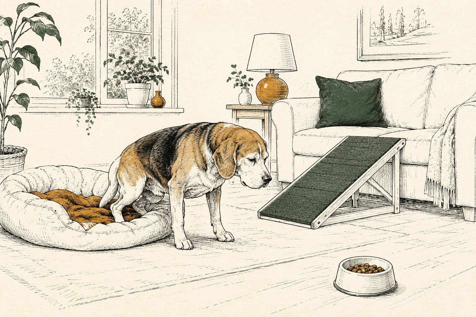 Oudere beagle staat stijf op uit zijn mand in het ochtendlicht, een loopplankje naar de bank