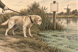 Labrador aan de lijn bij een sloot met een groene laag blauwalg op het water