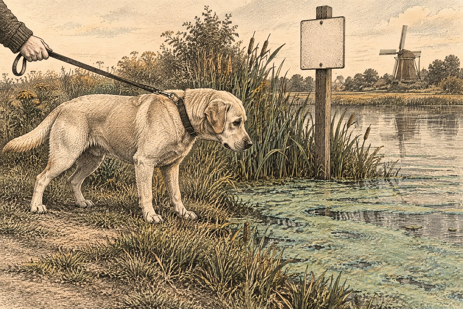 Labrador aan de lijn bij een sloot met een groene laag blauwalg op het water
