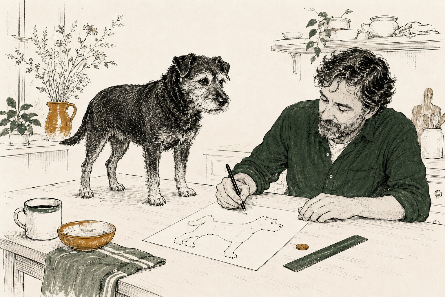 Oude terrier op de keukentafel, baasje tekent een bobbelkaart met genummerde punten, liniaal en muntje ernaast