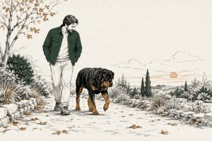 Grote rottweiler loopt langzaam op een tuinpad met een opgetrokken voorpoot, baasje kijkt naar de gang