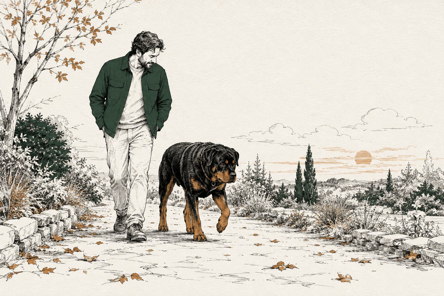 Grote rottweiler loopt langzaam op een tuinpad met een opgetrokken voorpoot, baasje kijkt naar de gang