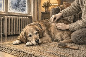 Hand die door de vacht van een hond strijkt, met witte schilfertjes op een donkere broek