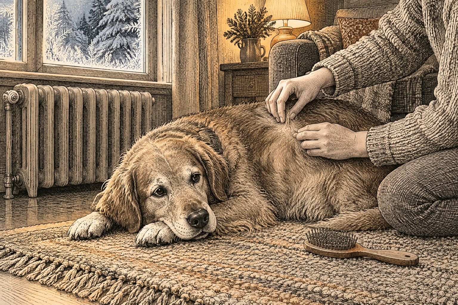 Hand die door de vacht van een hond strijkt, met witte schilfertjes op een donkere broek