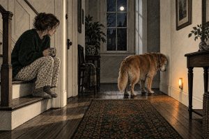 Oudere golden retriever staat 's nachts met zijn kop in de hoek van de gang terwijl zijn baasje op de trap toekijkt