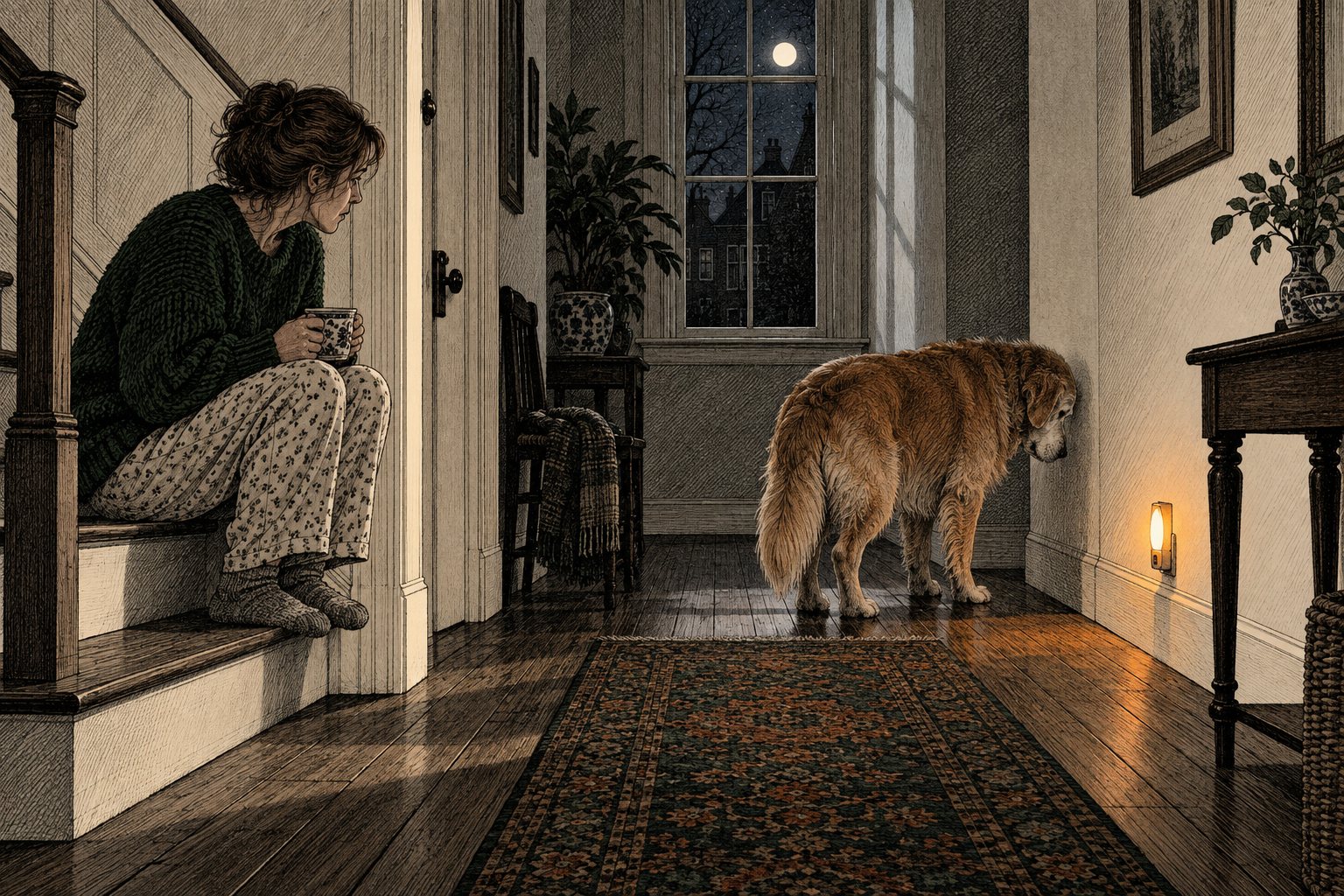 Oudere golden retriever staat 's nachts met zijn kop in de hoek van de gang terwijl zijn baasje op de trap toekijkt