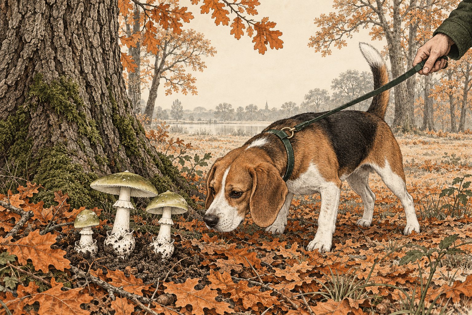 Beagle aan de lijn snuffelt aan groene knolamanieten aan de voet van een eik