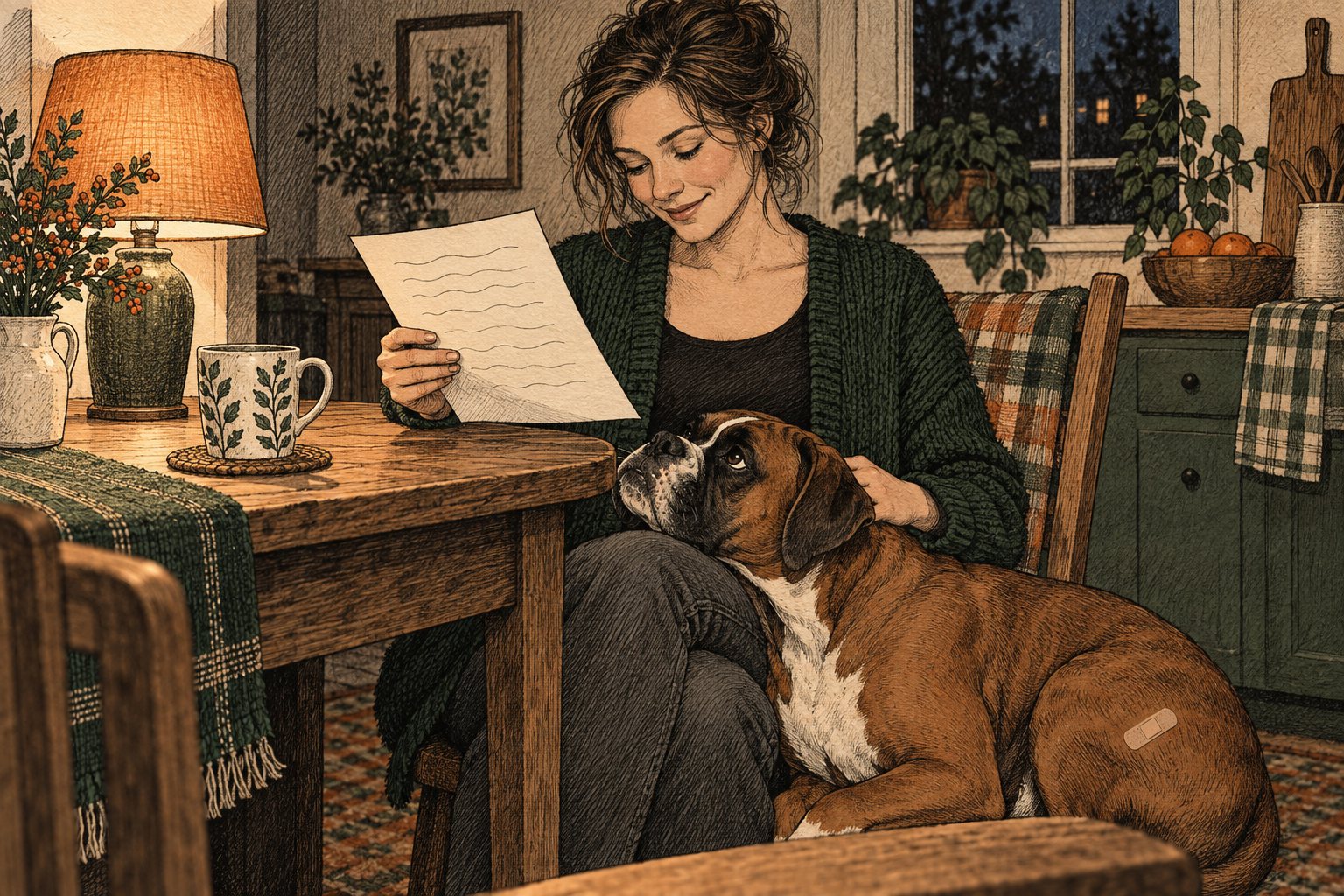 Baasje zit aan de keukentafel met een uitgeprinte labuitslag terwijl een boxer met zijn kop op haar schoot ligt