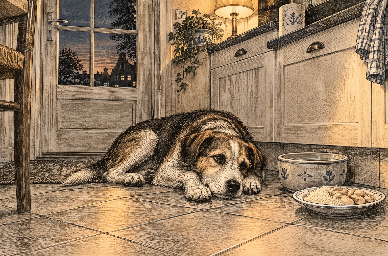 Slome hond op de keukenvloer naast een bak water en een bordje rijst met kip