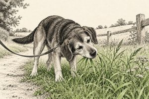 Illustratie: jonge hond knabbelt aan lang gras in een berm naast een wandelpad