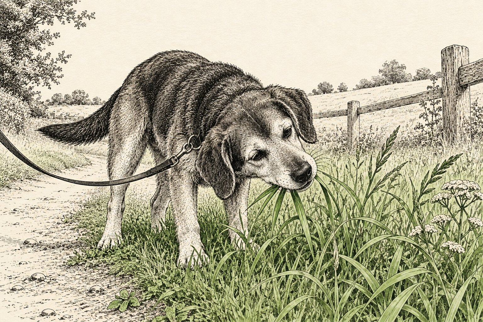 Illustratie: jonge hond knabbelt aan lang gras in een berm naast een wandelpad