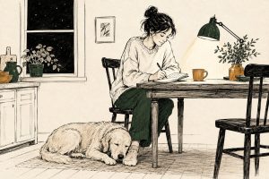 Vrouw schrijft s avonds in een notitieboekje aan de keukentafel, oude golden retriever slaapt met zijn kop op haar voet