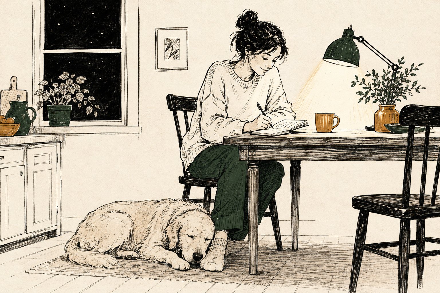 Vrouw schrijft s avonds in een notitieboekje aan de keukentafel, oude golden retriever slaapt met zijn kop op haar voet