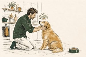 Man controleert in de keuken met vlakke handen de kaak van zijn golden retriever, voerbak onaangeroerd