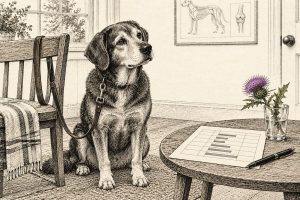 Illustratie: hond zit naast een stoel bij de dierenarts, op tafel een uitslagblad en een mariadistel