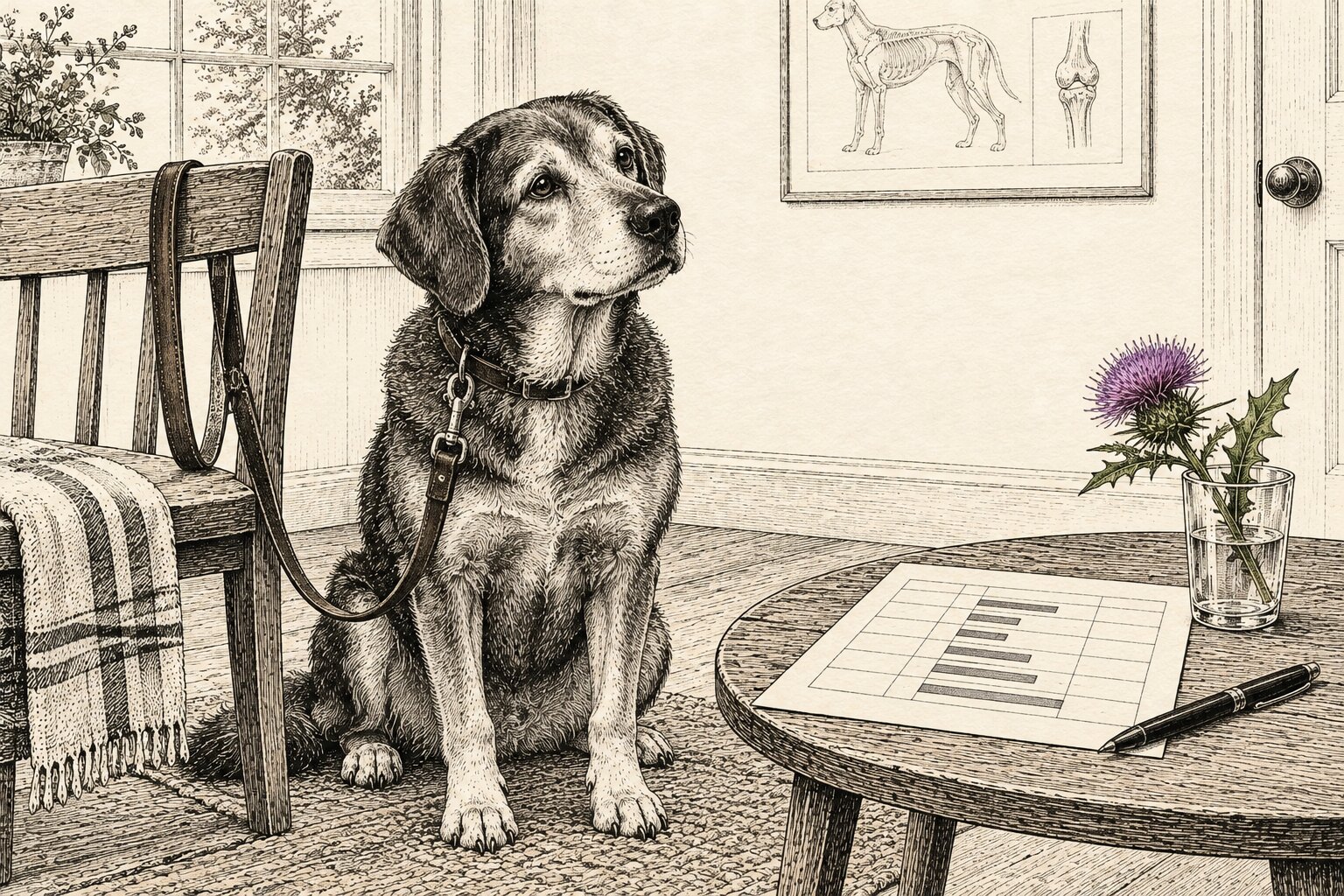 Illustratie: hond zit naast een stoel bij de dierenarts, op tafel een uitslagblad en een mariadistel