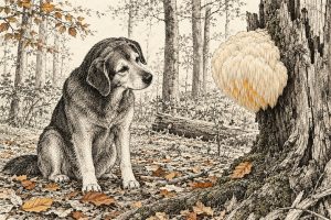 Illustratie: oudere hond zit in een beukenbos voor een witte pruikzwam aan een boomstam