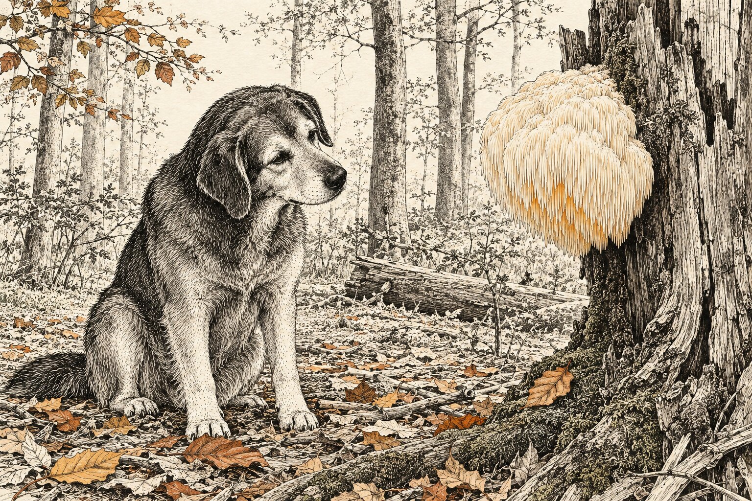 Illustratie: oudere hond zit in een beukenbos voor een witte pruikzwam aan een boomstam