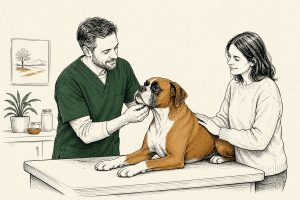 Dierenarts voelt onder de kaak van een boxer op de behandeltafel