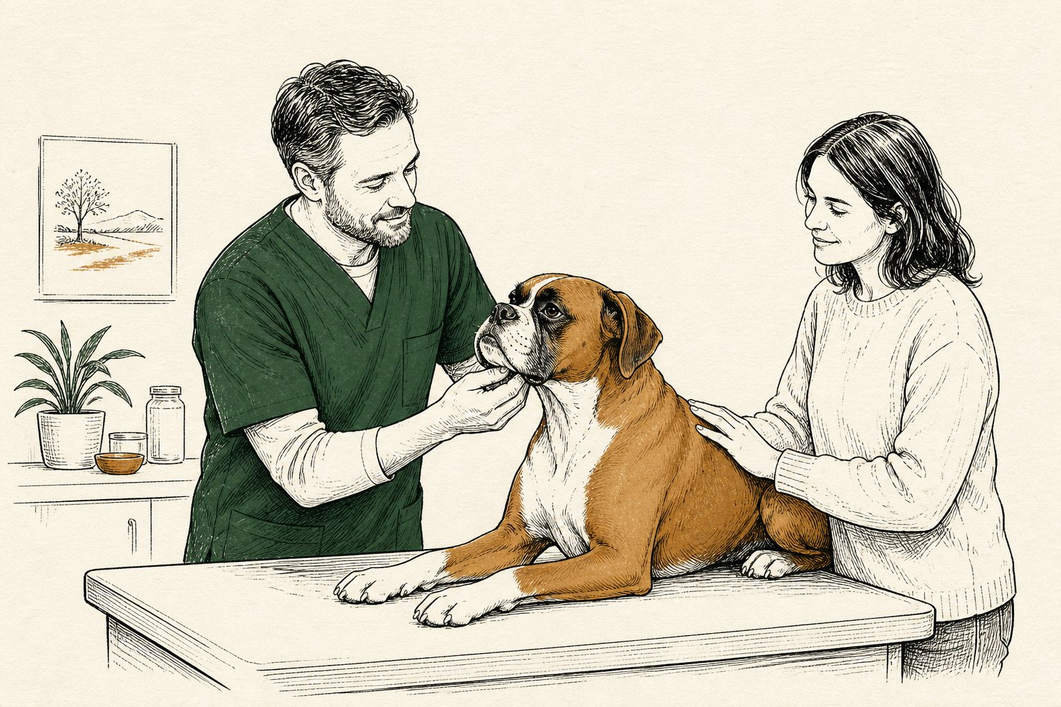 Dierenarts voelt onder de kaak van een boxer op de behandeltafel
