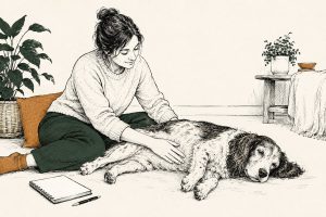 Vrouw strijkt met vlakke hand langs de buik van een oudere spaniel die op haar zij ligt