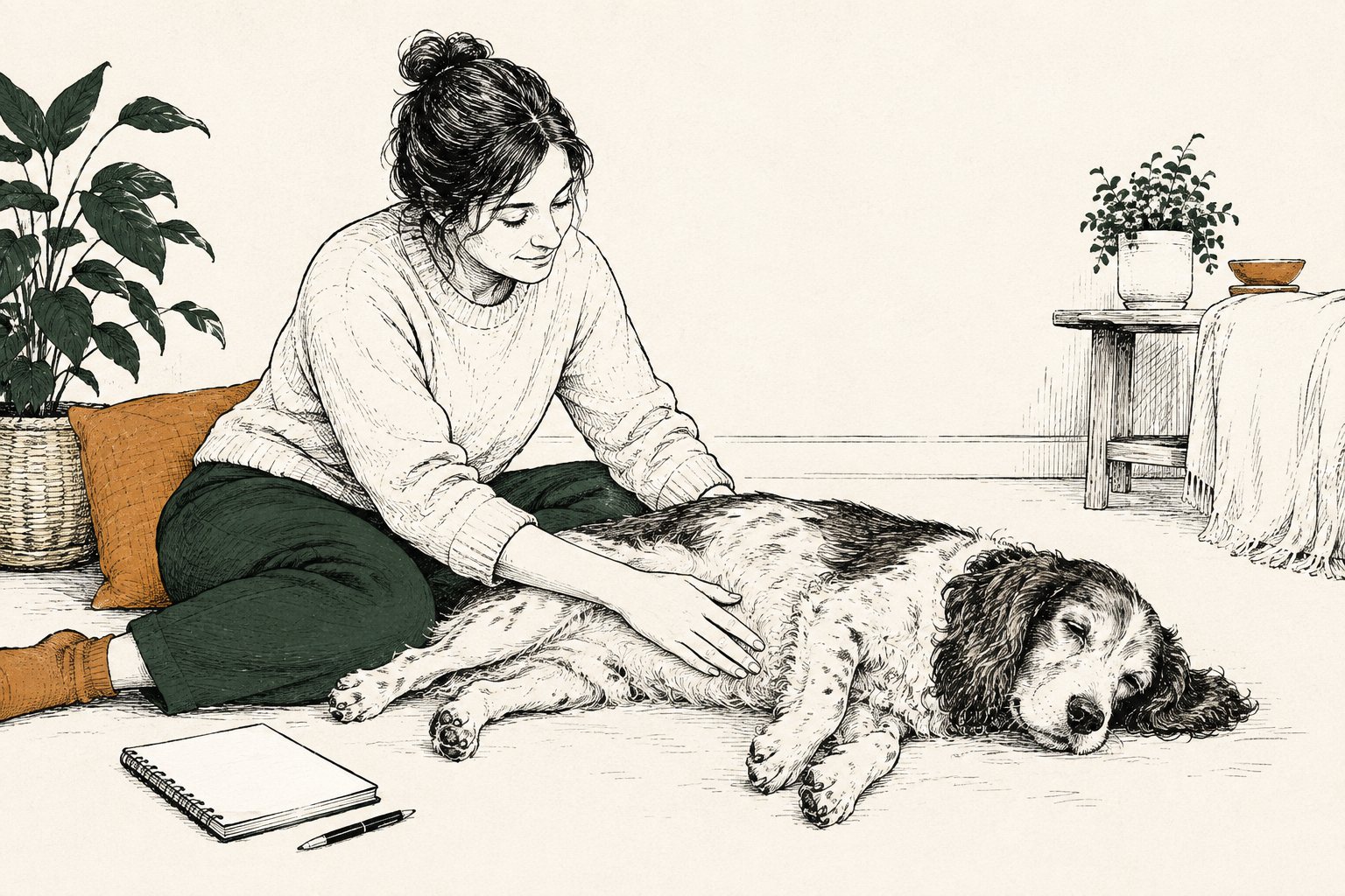 Vrouw strijkt met vlakke hand langs de buik van een oudere spaniel die op haar zij ligt
