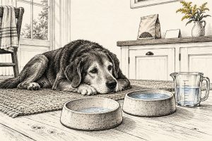 Illustratie: oudere hond op een kleed naast twee waterbakken en een maatbeker