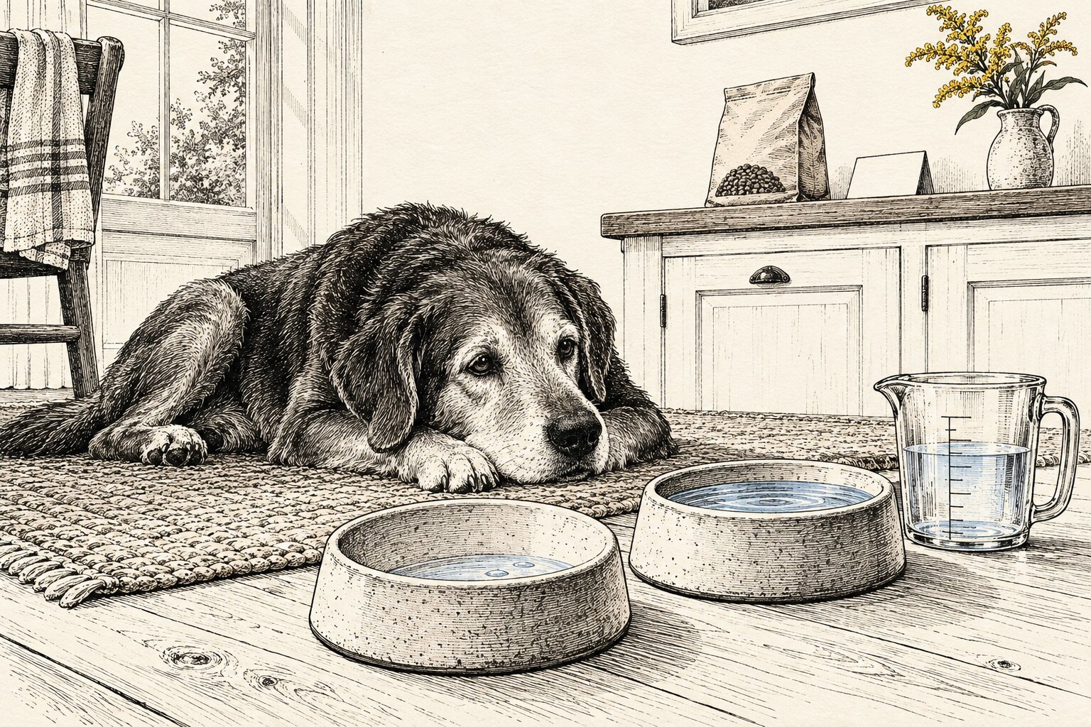 Illustratie: oudere hond op een kleed naast twee waterbakken en een maatbeker