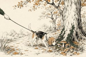 Beagle aan de lijn snuffelt aan wilde paddenstoelen onder een eik, baasje trekt de lijn zachtjes terug