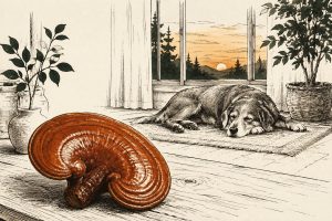 Oude hond slaapt bij het raam, op de tafel een glanzende reishi-zwam