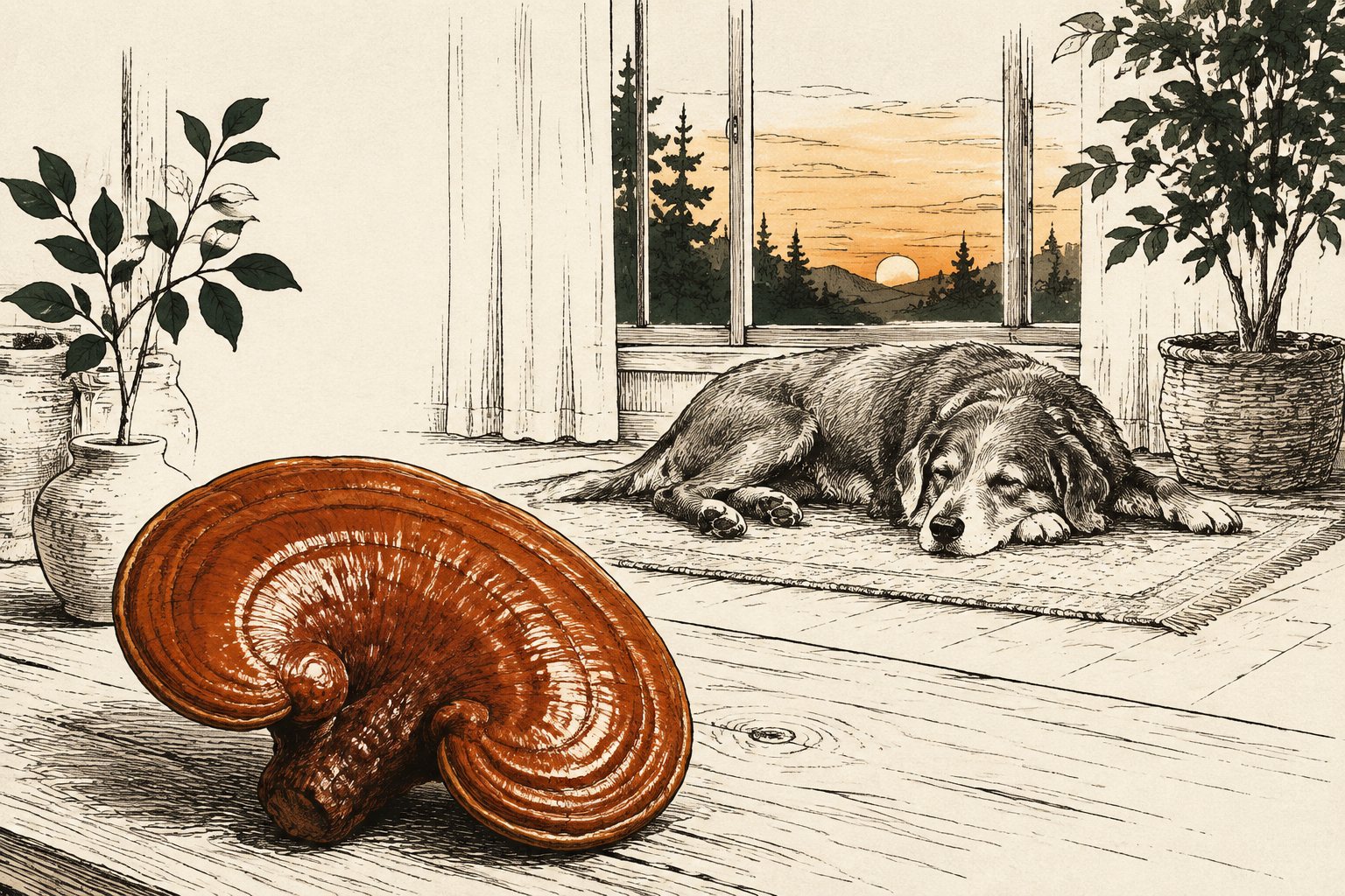 Oude hond slaapt bij het raam, op de tafel een glanzende reishi-zwam