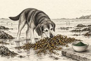 Etstekening van een hond die op het strand aan een klomp blaaswier snuffelt, met een schaaltje groen algenpoeder op een plankje