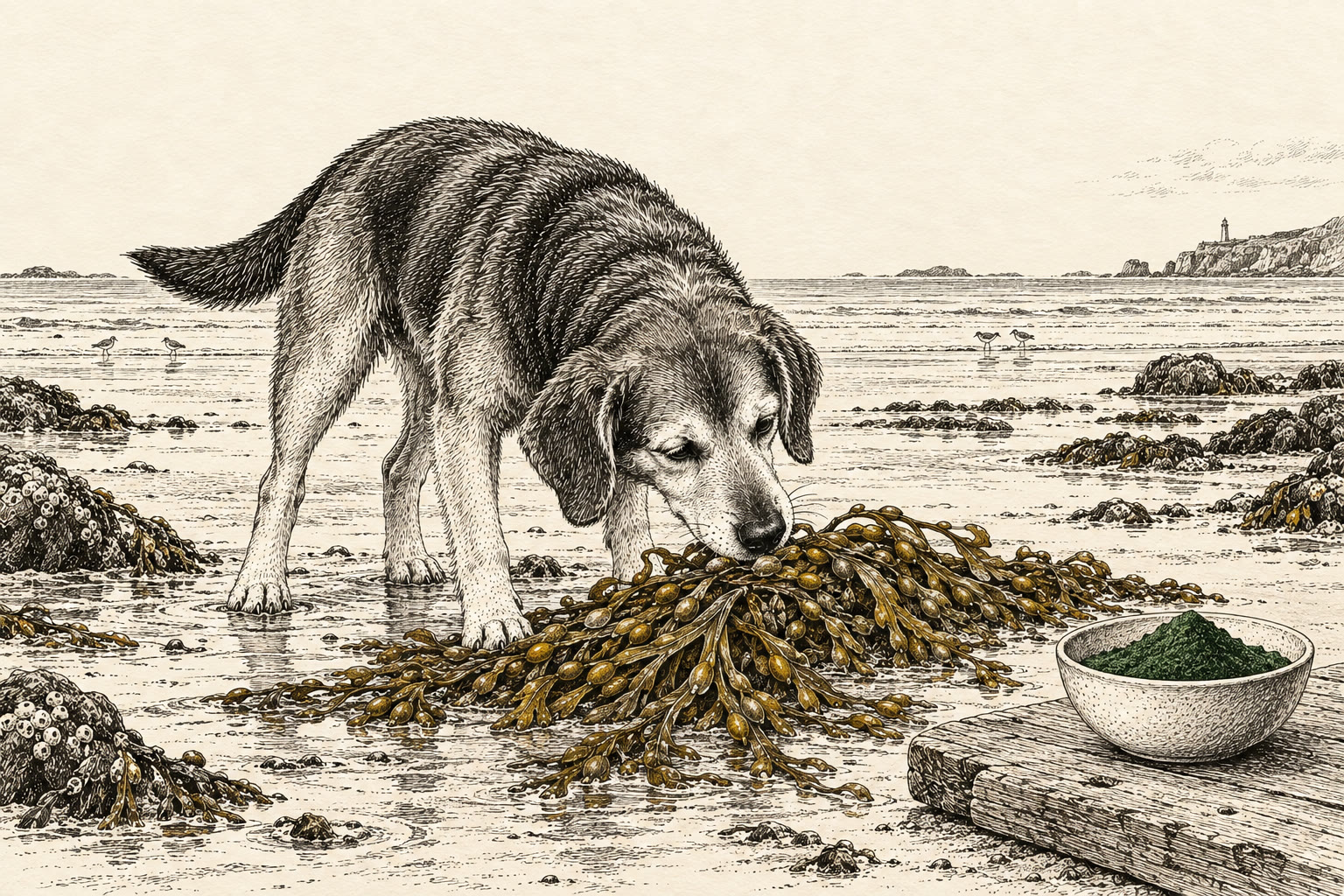 Etstekening van een hond die op het strand aan een klomp blaaswier snuffelt, met een schaaltje groen algenpoeder op een plankje