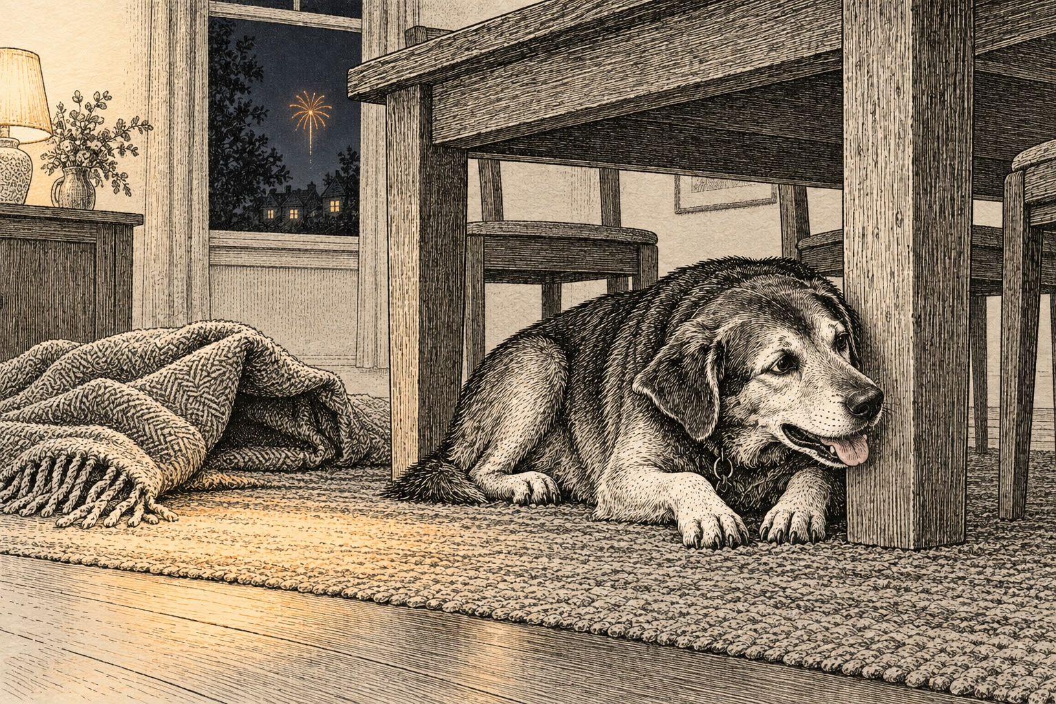 Etstekening van een hond die hijgend onder de eettafel ligt terwijl buiten in de verte vuurwerk afgaat