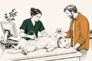Dierenarts maakt een echo van de buik van een labrador op de behandeltafel, baasje houdt de poot vast