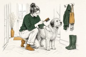 Vrouw borstelt haar ruwharige hond in de gang en voelt iets op de schouder