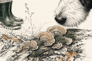 Hond snuffelt aan turkey tail-zwammen op een omgevallen boomstam in het bos