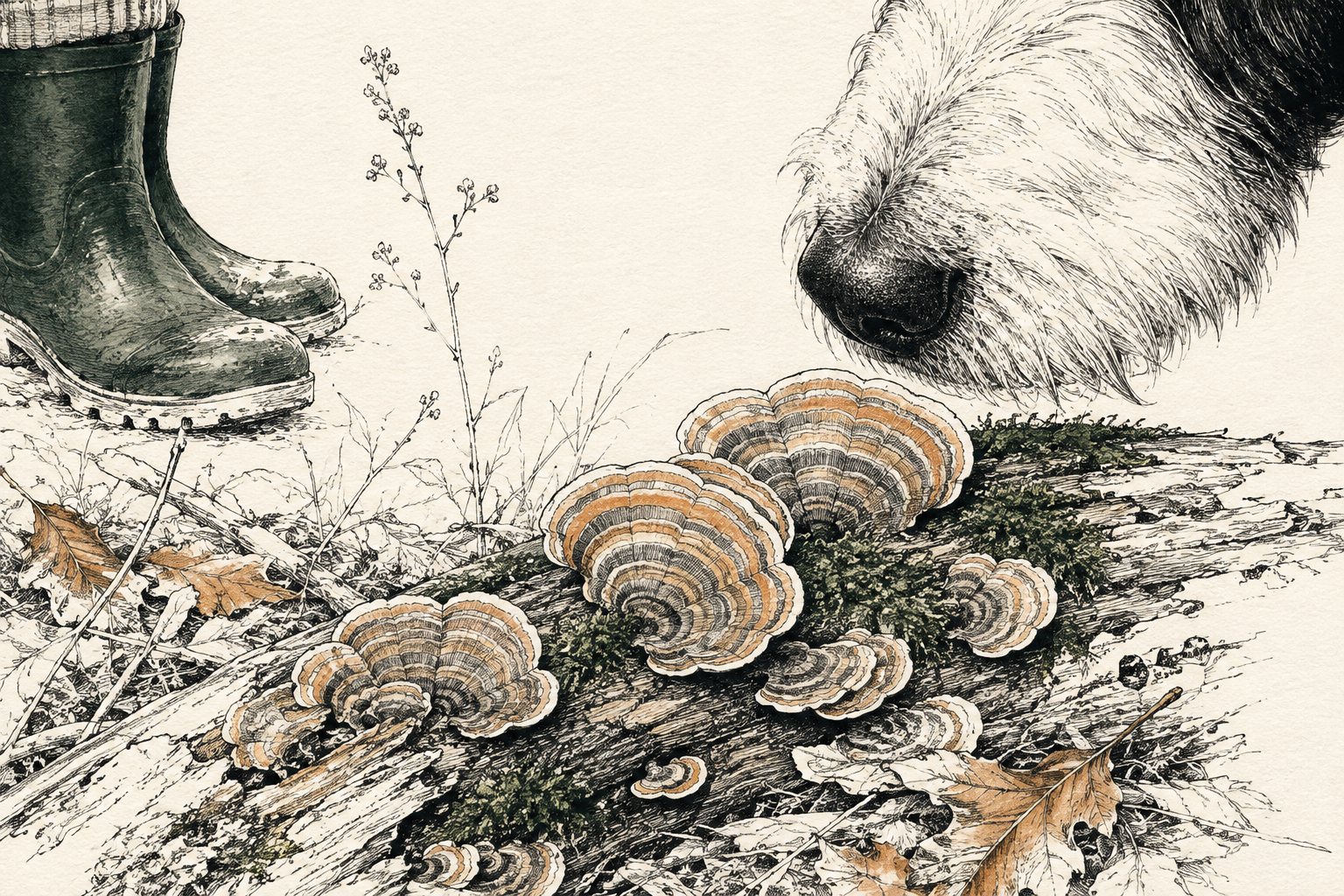 Hond snuffelt aan turkey tail-zwammen op een omgevallen boomstam in het bos