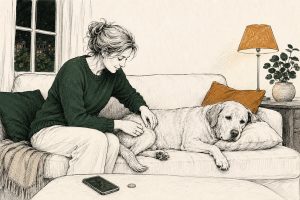 Vrouw voelt op de bank aan een vetbult op de flank van haar oudere labrador