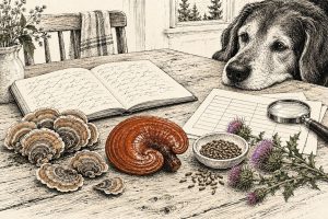 Illustratie: keukentafel met aantekeningen, gedroogde turkey tail, reishi en mariadistel, en een oude hond die meekijkt