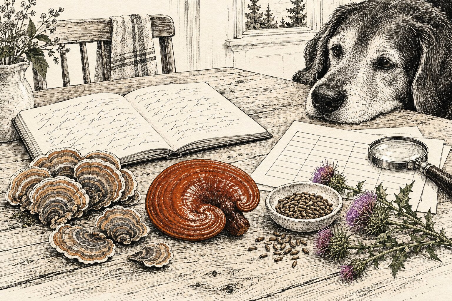 Illustratie: keukentafel met aantekeningen, gedroogde turkey tail, reishi en mariadistel, en een oude hond die meekijkt