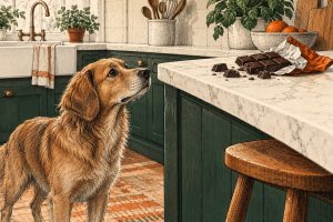 Inktillustratie van een hond die naar een reep pure chocolade op een hoog aanrecht kijkt