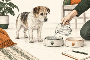 Illustratie van een oudere terriër naast een waterbak die wordt bijgevuld, met een notitieboek erbij
