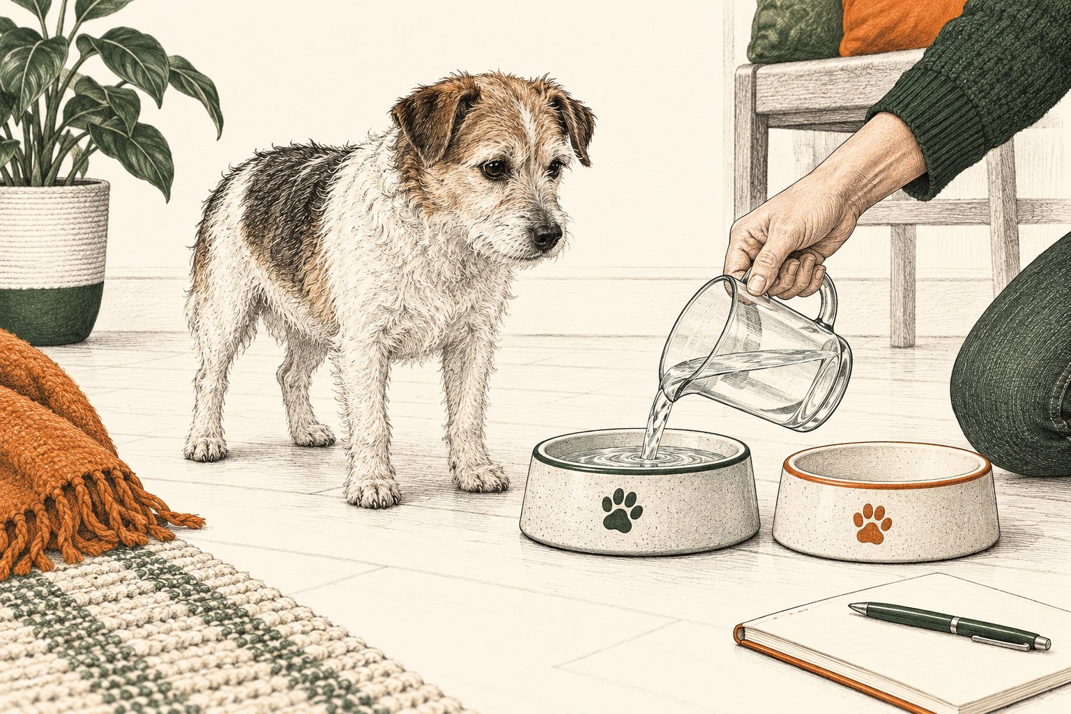 Illustratie van een oudere terriër naast een waterbak die wordt bijgevuld, met een notitieboek erbij
