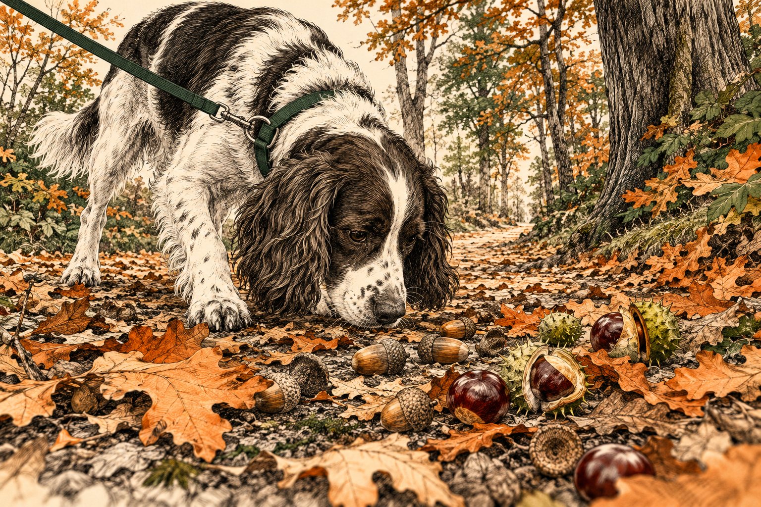 Inkttekening van een hond aan de lijn die op een herfstig bospad snuffelt tussen eikels, eikenbladeren en paardenkastanjes met een opengesprongen stekelige bolster