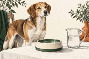 Hond naast een waterbak en een maatbeker, getekend in fijne zwarte inkt