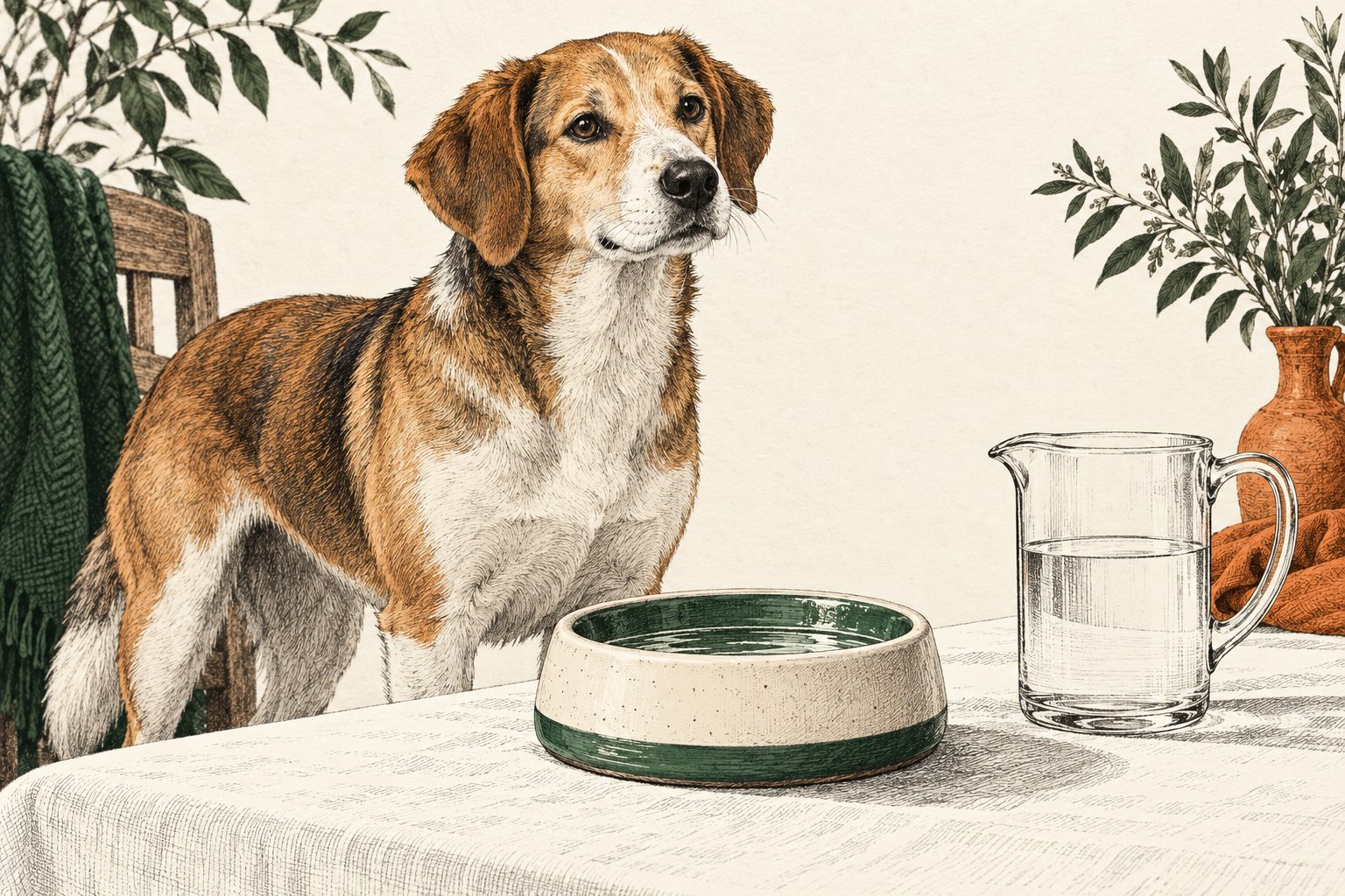 Hond naast een waterbak en een maatbeker, getekend in fijne zwarte inkt