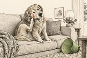 Etstekening van een hond op de bank die met zijn achterpoot aan een kale, rode plek op zijn wang krabt