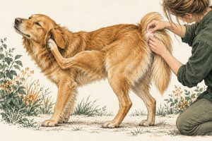 Inkttekening van een hond die aan zijn oor krabt terwijl een eigenaar de vacht bij de staartbasis bekijkt